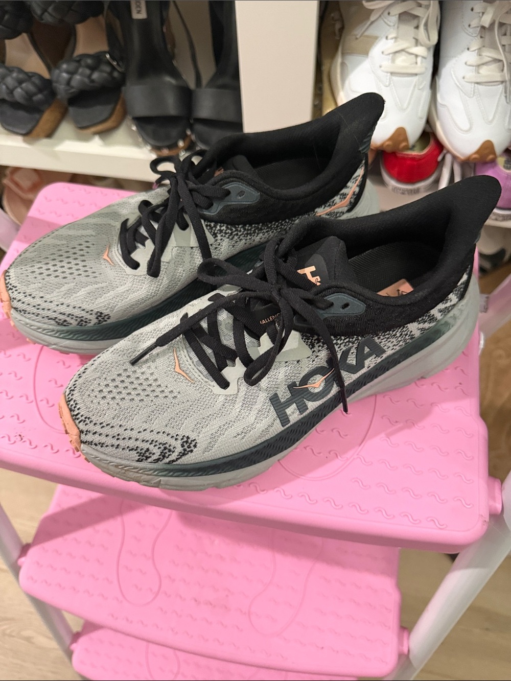 Hoka Women’s Gray and Black Running Shoes with Peach Accents